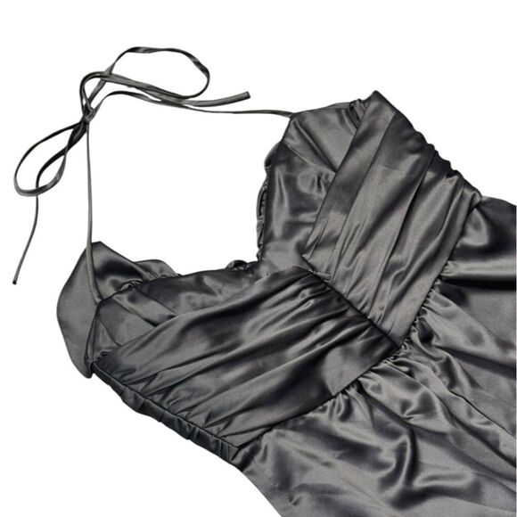 💃 NWT AMSALE charcoal Ruffle Trim Sweetheart neckline Halter Formal midi dress - Picture 4 of 7